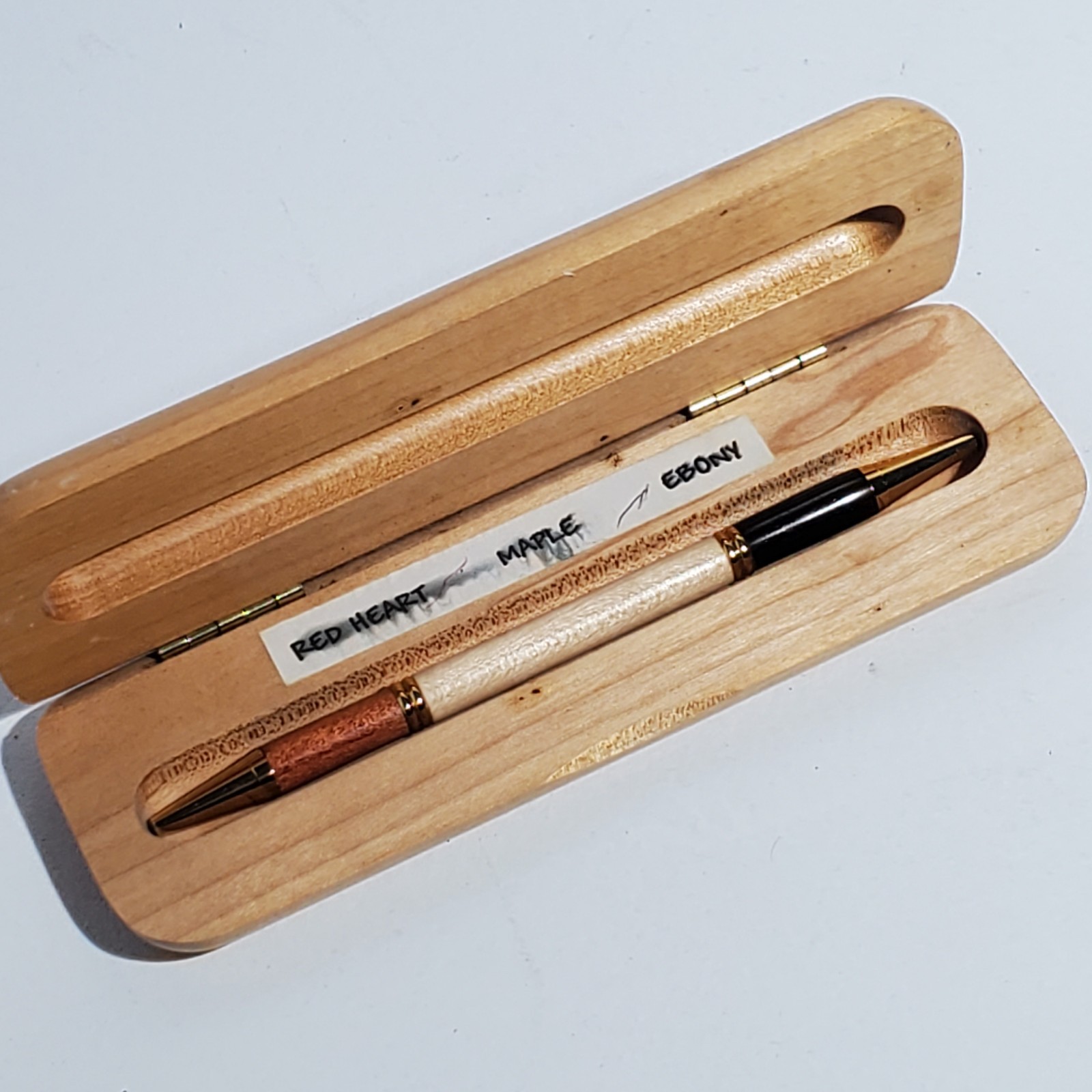 Handmade Hardwood Red Heart Maple Ebony Wood Ballpoint Pen w/ Wooden Case