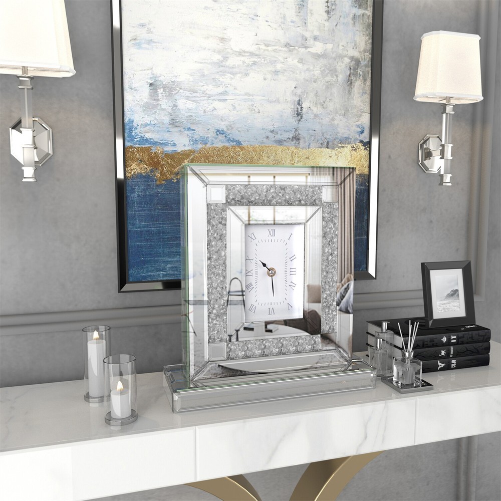 Crystal Crush Diamond Mirrored Square Clock Decorative Silver Table Quartz Clock