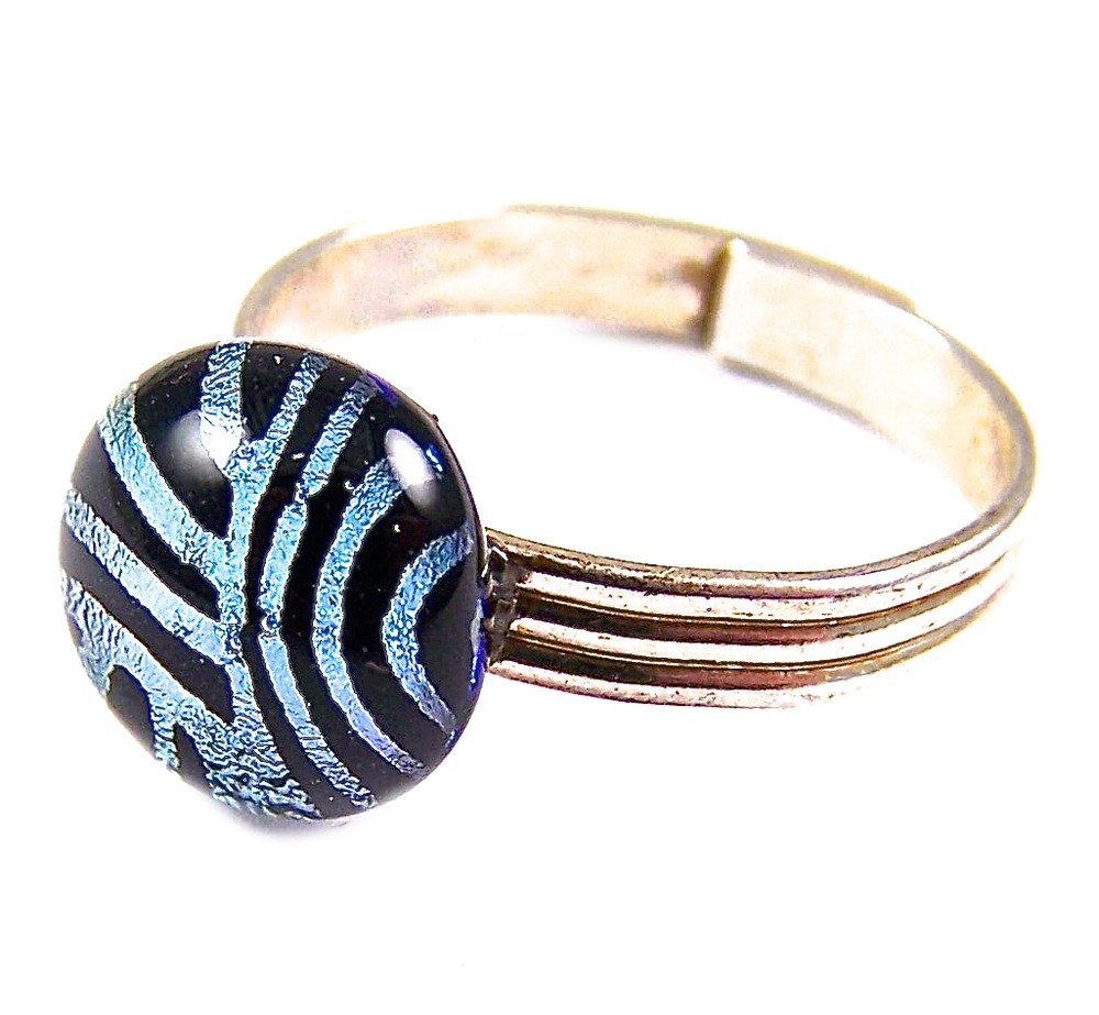Dichroic Ring Green Grey Striped Patterned Glass Tiny Adjustable Silver 1/4" 8mm