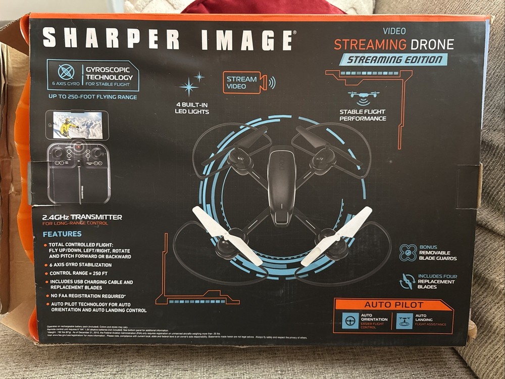 Sharper Image Video Streaming Drone 2.4 GHz LED Lights Auto Pilot 250 Ft Range