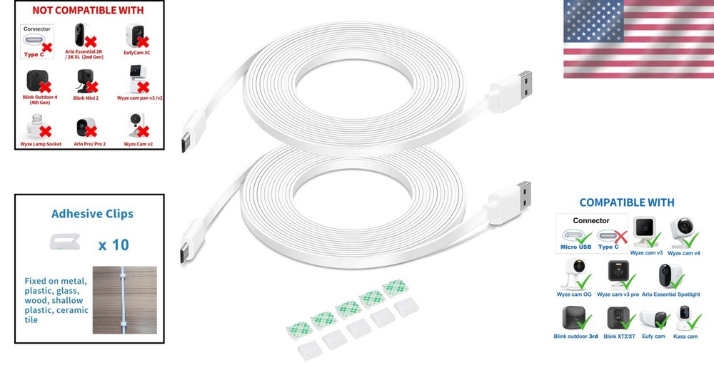 Versatile 2Pack 10FT Micro USB Extension Cables for Indoor Security Cameras