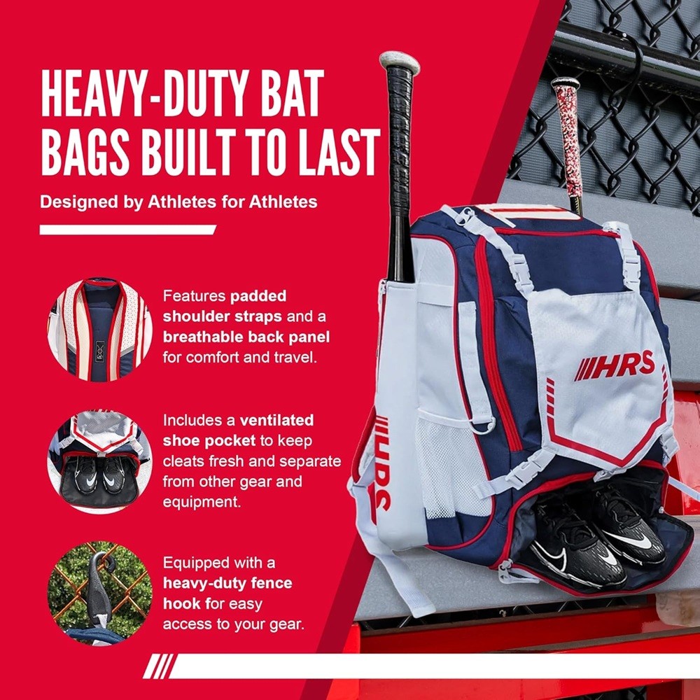 Bat Bag Backpack Holds 4 Bats Gloves Helmet and Cleats Red/White/Navy