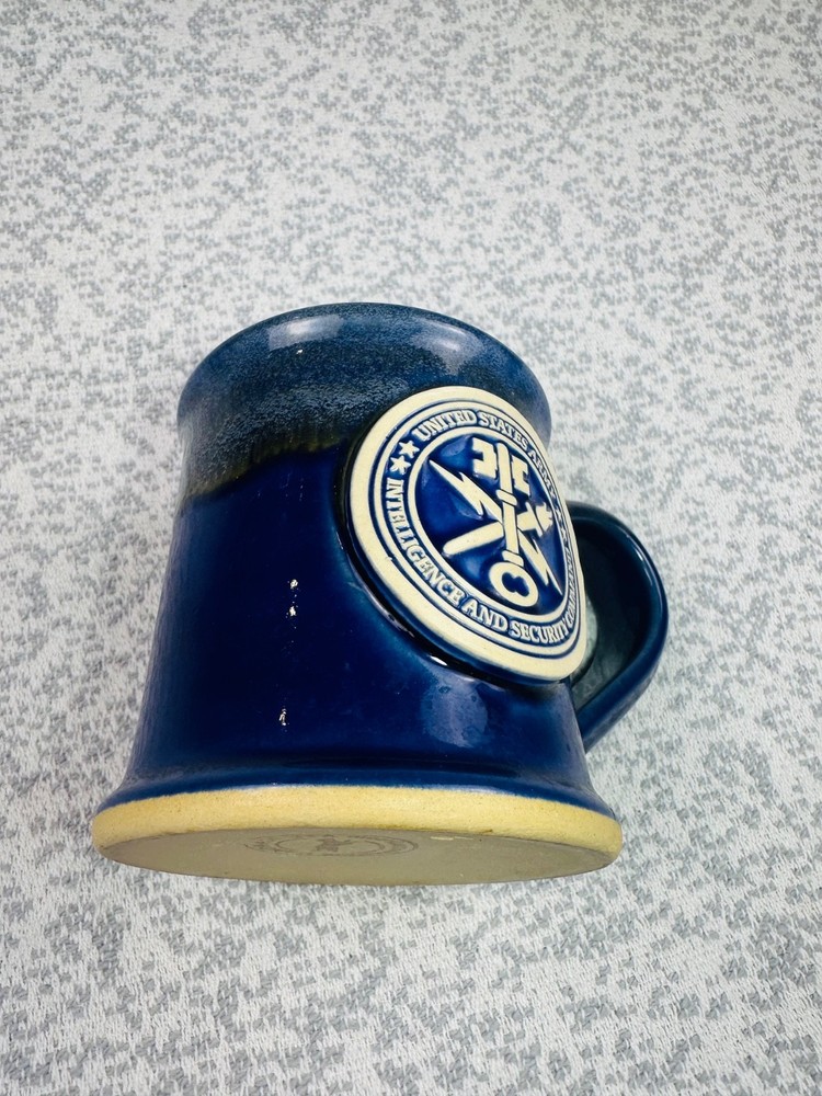 US Army INSCOM Intelligence & Security Command Grey Fox Pottery Mug Blue Glaze