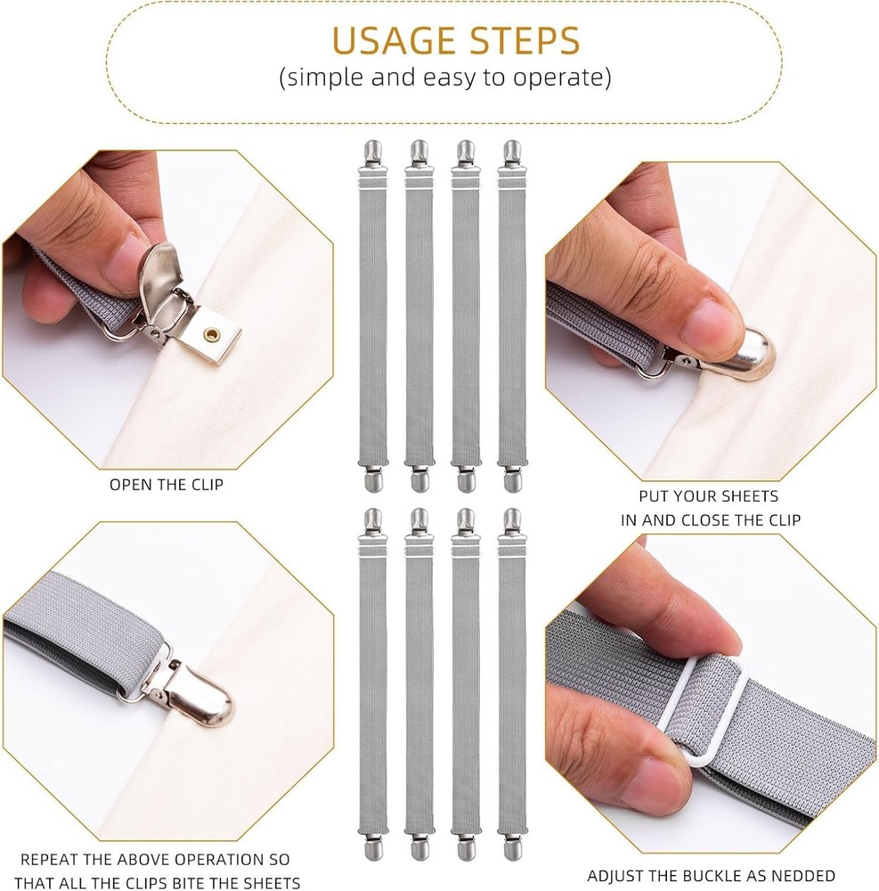 8pcs Adjustable Grey Bed Sheet Clips - Versatile Elastic Fasteners for Comfort