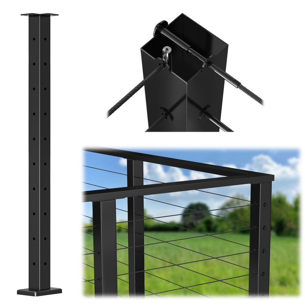 Muzata T-Corner 42"x2"x2"Fixed Top Black Cable Railing Post PS02 B34L