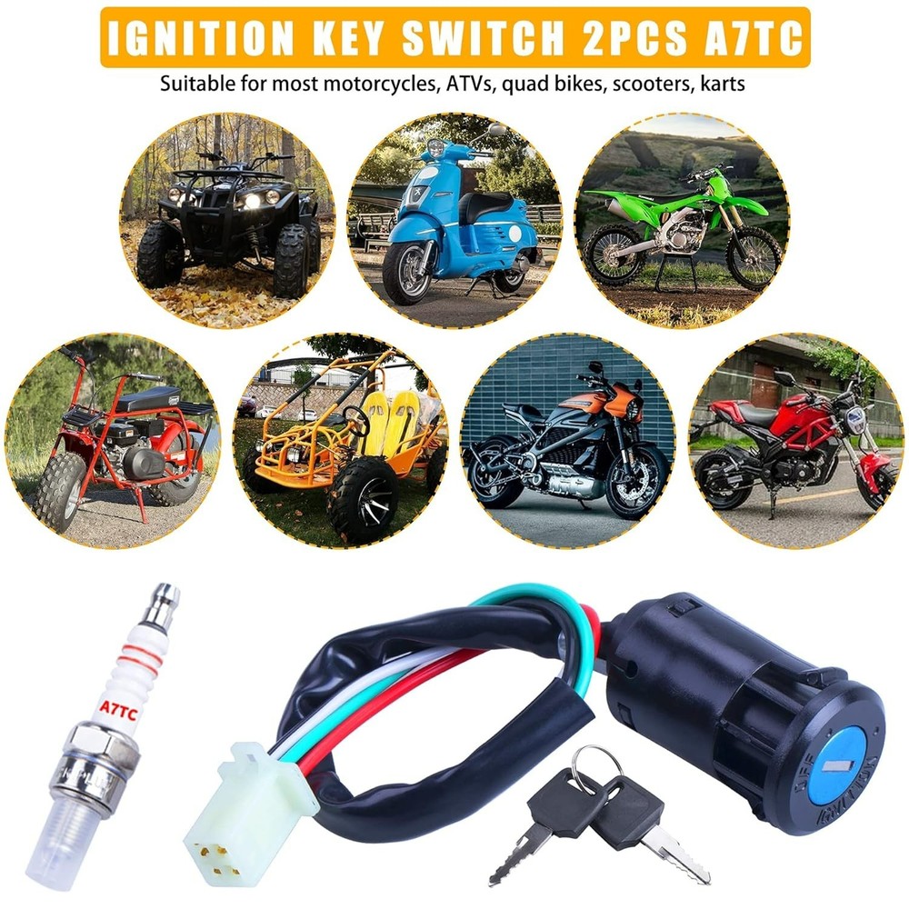 Ignition Key Switch 2pcs 4-Wire 4-pin and A7TC Spark Plug Replacement for Tao...