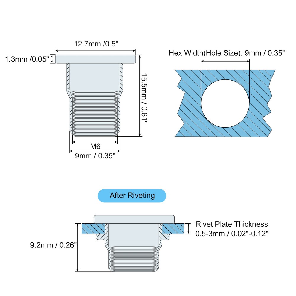 60pcs M6 Half Hex Body Rivet Nuts Stainless Steel Threaded Insert Nut
