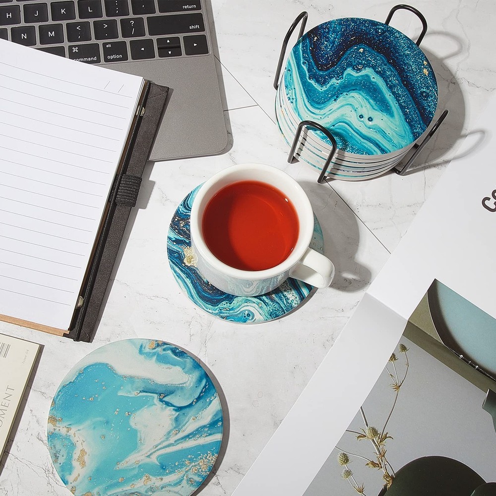 8 Pieces Coasters for Drinks with Holder, Marble Ocean Pattern Ceramic Absorb...
