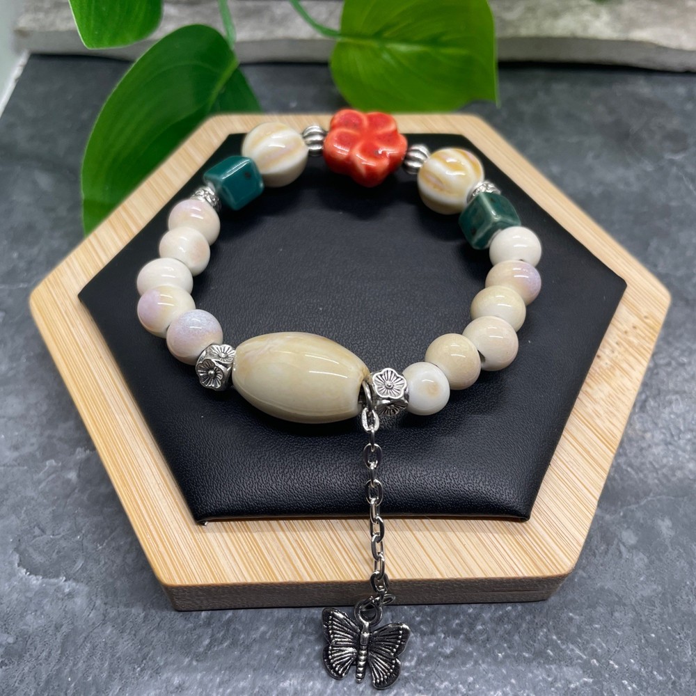 Handmade Ceramic Bead Beaded Stackable 6” Plus Stretch Bracelet New B415
