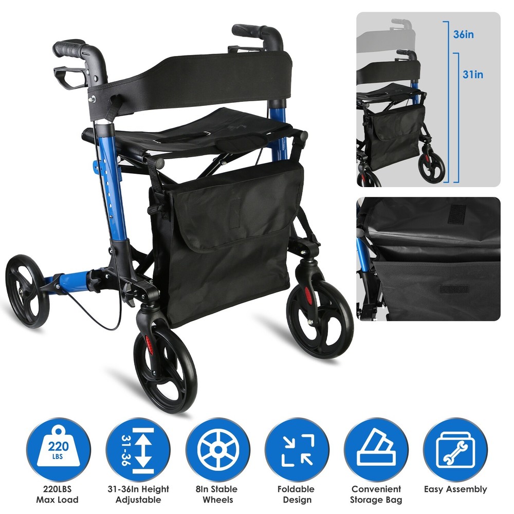 New Mobility Rollator Walker Foldable Aluminum Adjustable Rolling Wheels Walker