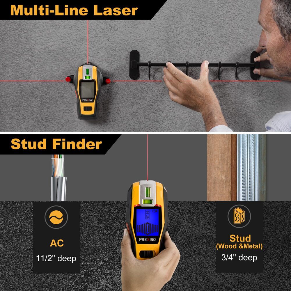 PREXISO 2-in-1 Stud Finders Rechargeable Multi Surface Cross Line Laser Scanners