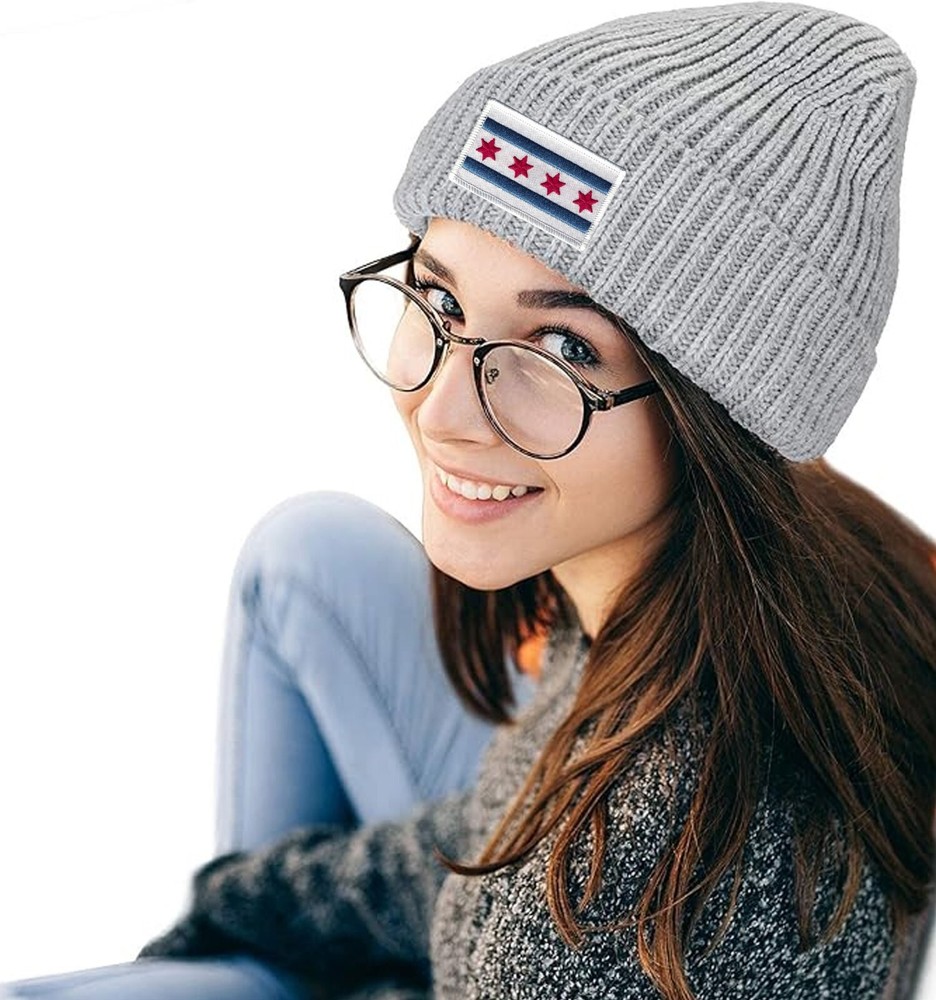 Chicago Flag Patch Cuffed Ribbed Beanie Hat White Border Light Grey