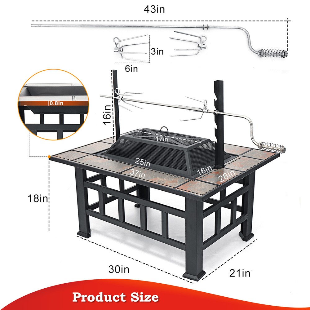 Wood Burning Fire Pit 37" Square Firepit Table Backyard Patio Stove
