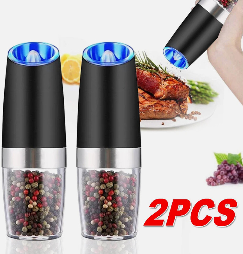 2pc Gravity Electric Salt & Pepper Grinder Set Automatic Adjustable LED Lights