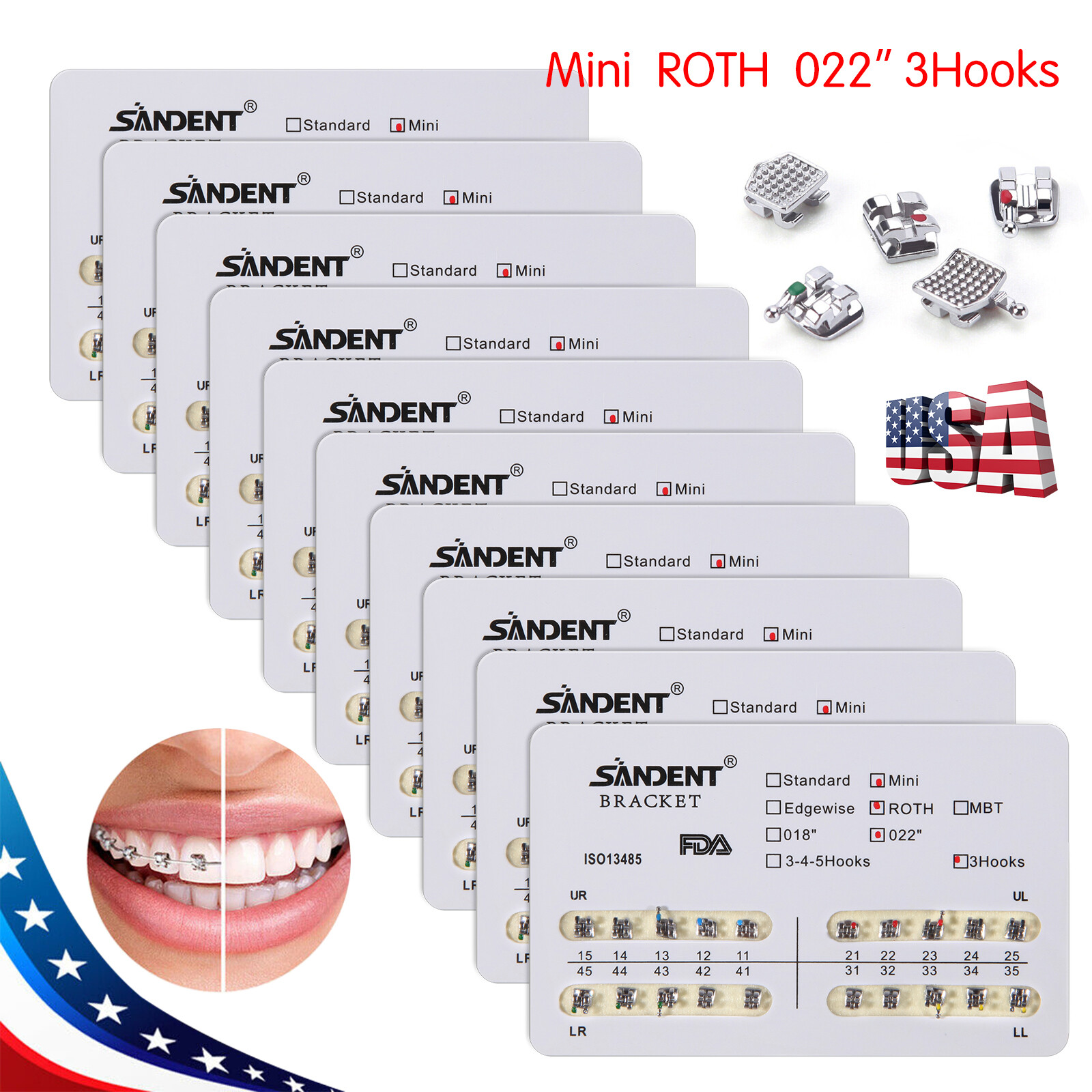 10 Packs Dental Orthodontic Brackets Braces Mini Roth 022 Slot 3 hooks #3 USA
