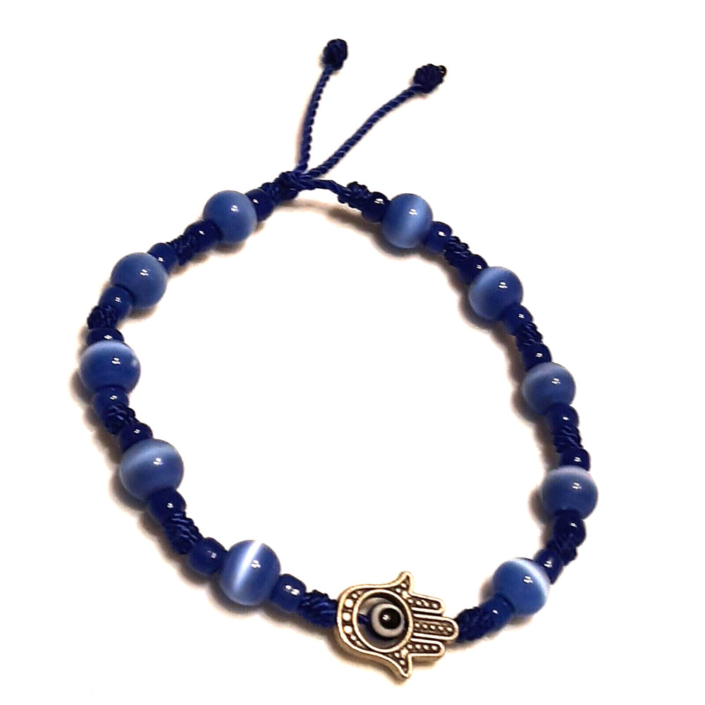 Hamsa Hand bracelet with Blue Cat Eye beads and Black string