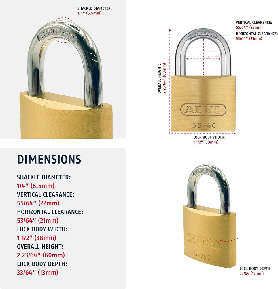 ABUS 55/40 Solid Brass Padlock with Hardened Steel Shackle, Keyed Different