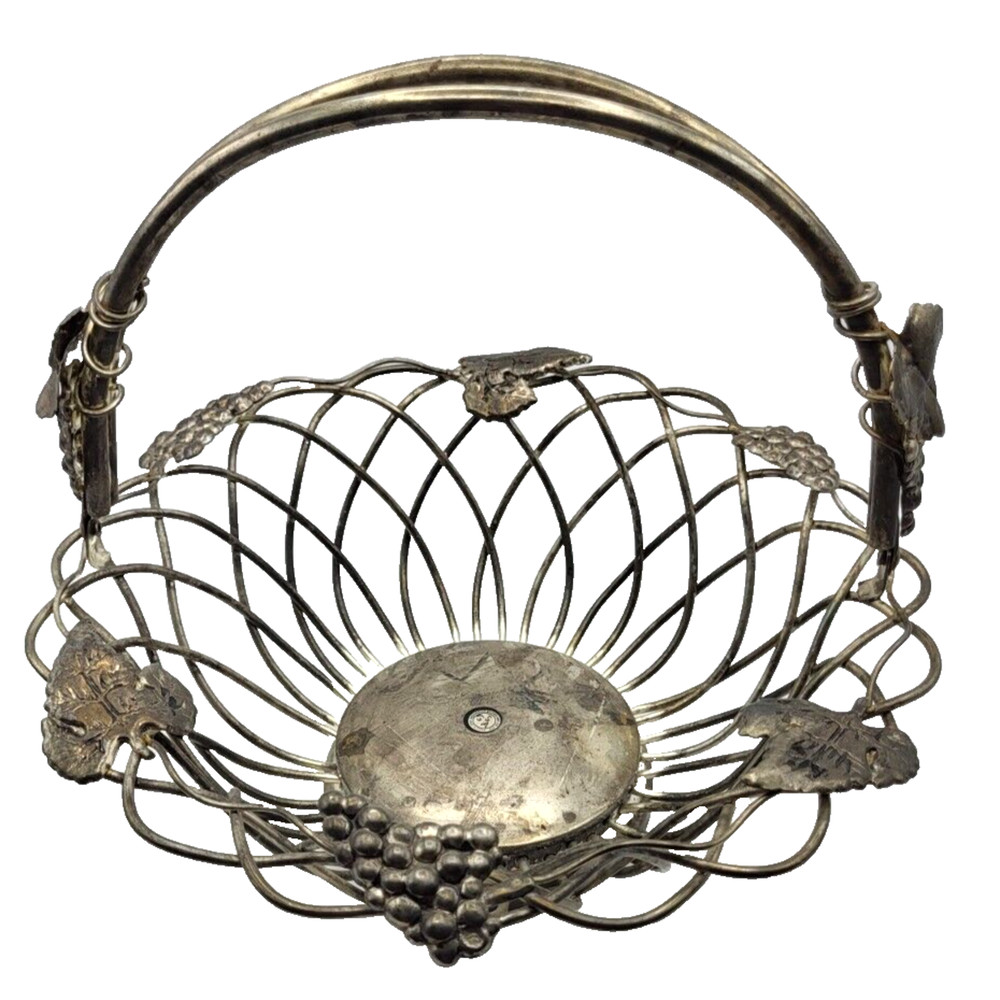 Vintage Godinger Silverplate Fruit Basket Swing Handle Wire Grapes Leaves 12"