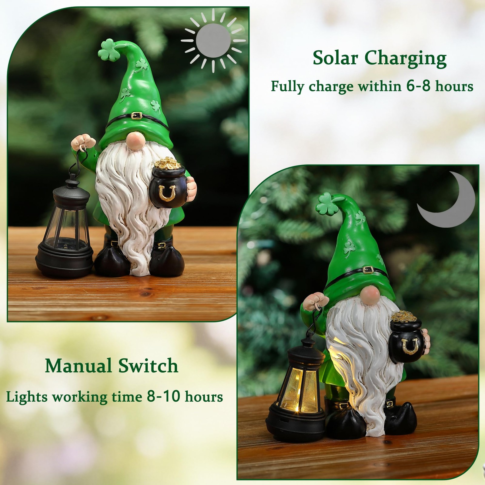 St. Patricks Day Gnome for Outdoor Decor, Resin Garden Gnome Holding Lantern ...