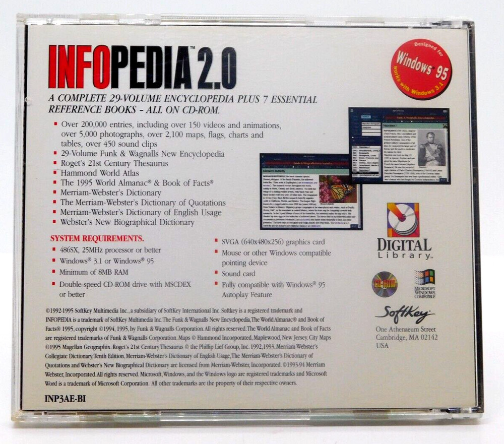CD Rom Infopedia 2.0 Ultimate Multimedia Encyclopedia Soft Key 92-95 PC