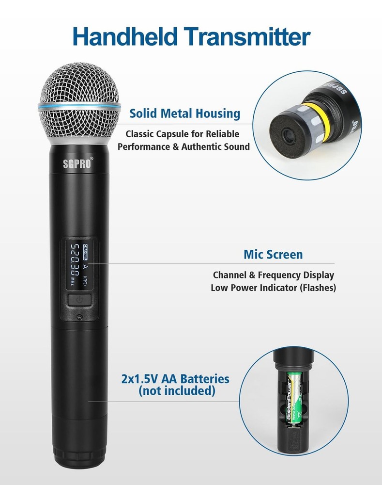 4-Channel Wireless Microphone System - 250Ft Range, Metal Mics & Receiver, Fi...
