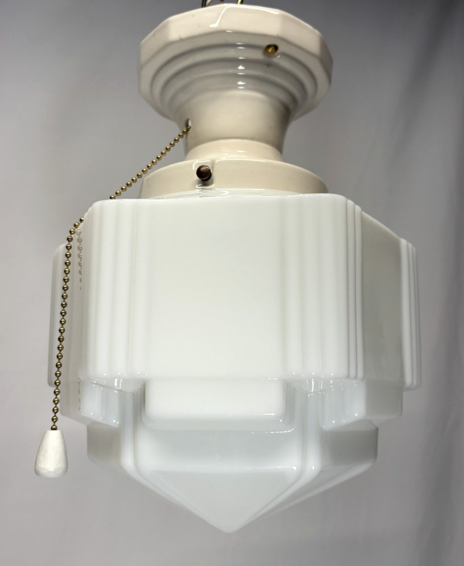 Skyscraper Shade Porcelain Ceiling Light Fixture Vtg Art Deco Glass USA #L44