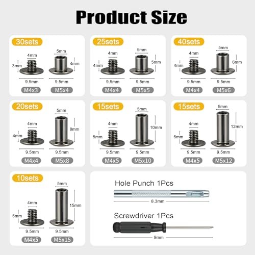155 Sets Black Chicago Screws Leather Rivets Kit, 7 Sizes