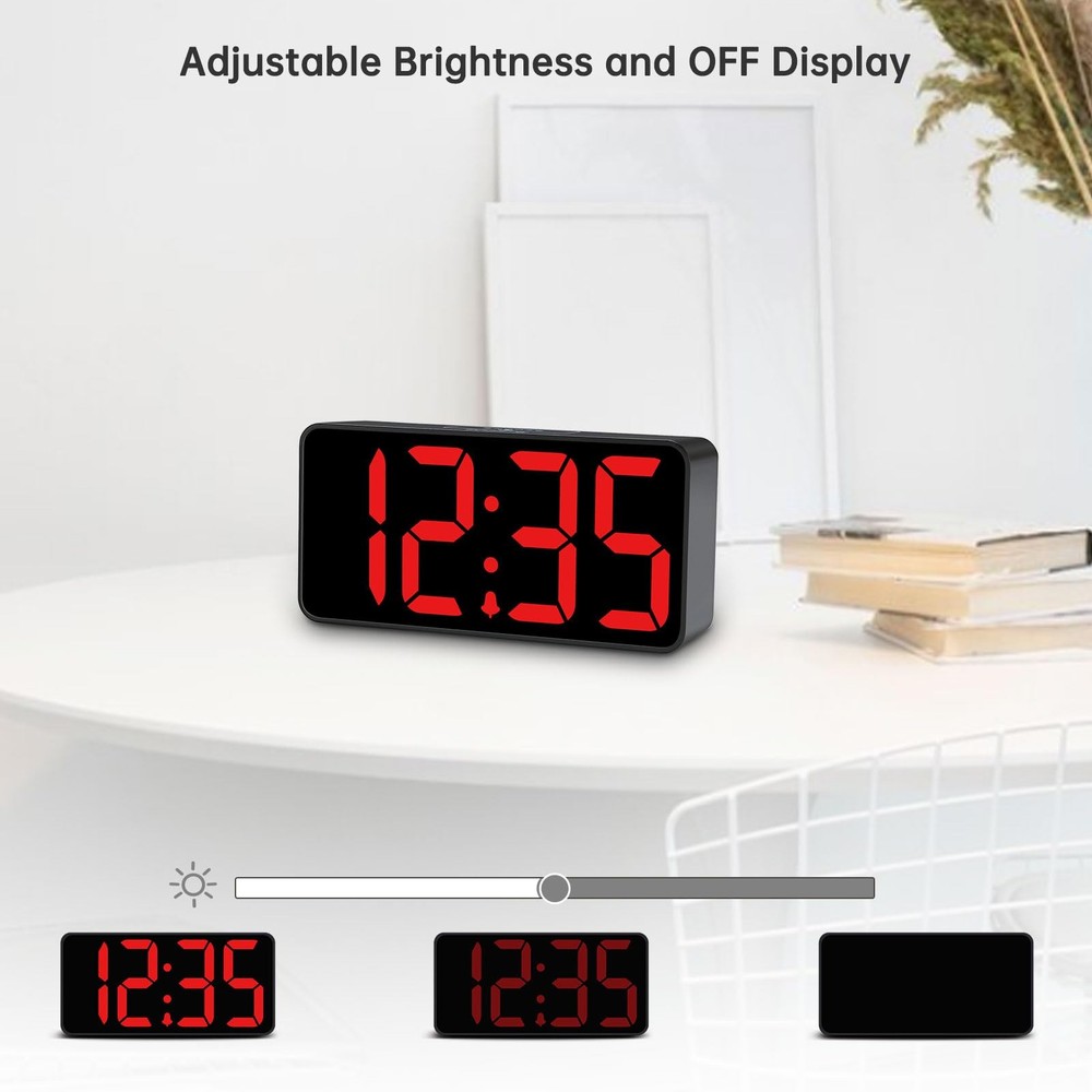Digital Alarm Clock with Big Numbers, Dimmer, USB Charging, Adjustable Volume