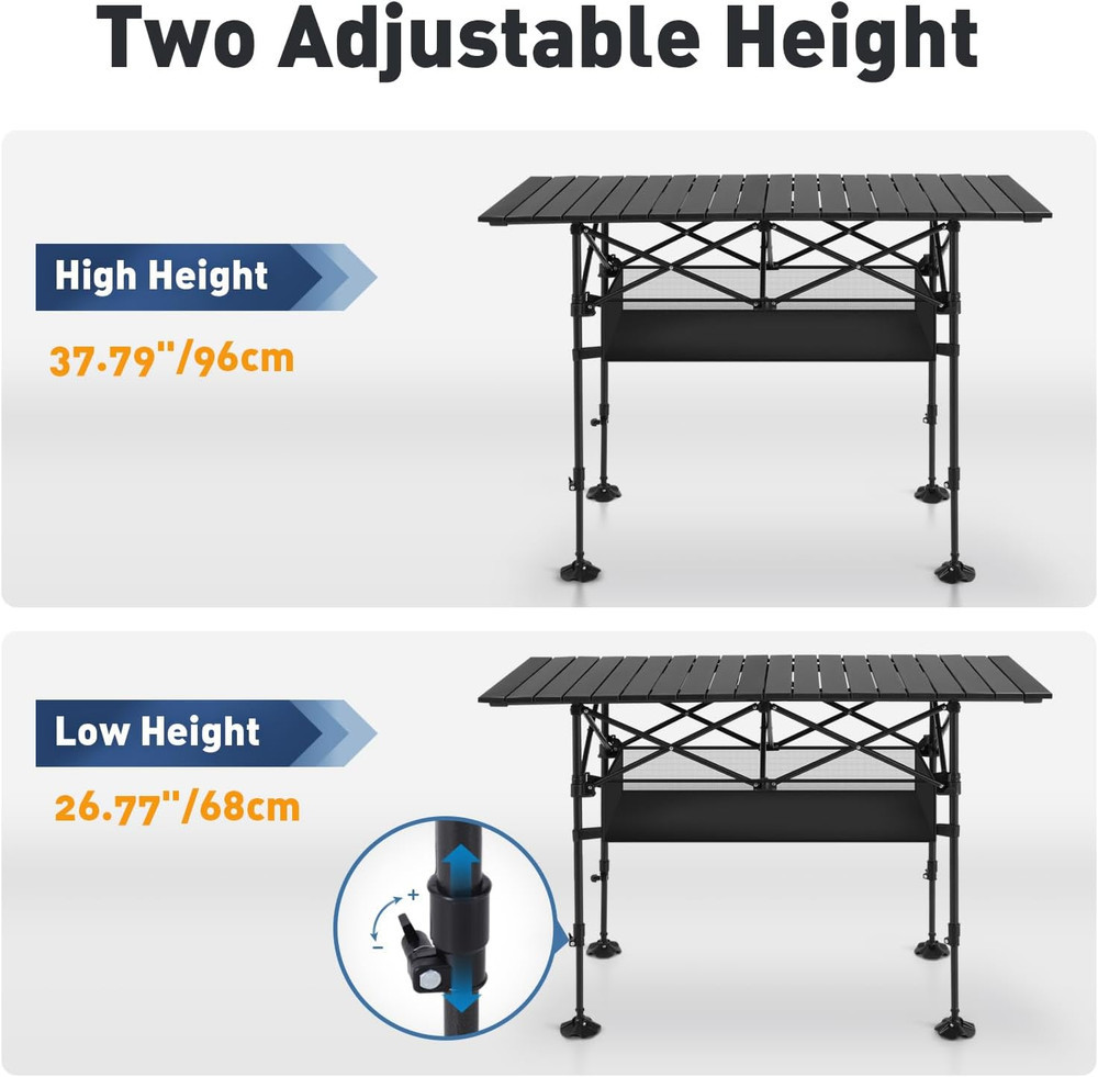 Folding Camping Table, Portable Roll-Up Table with Adjustable Height, Large Stor