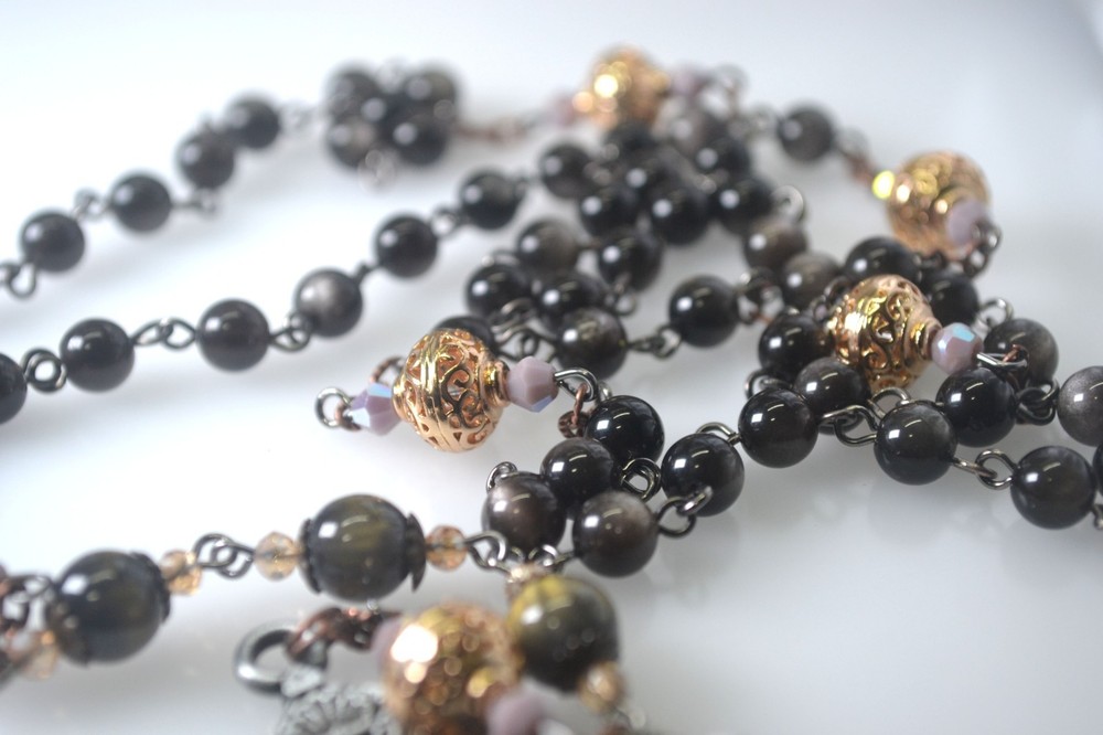 Our Lady of Solitude Rosary Black Obsidian Beads Mother Mary Centerpiece