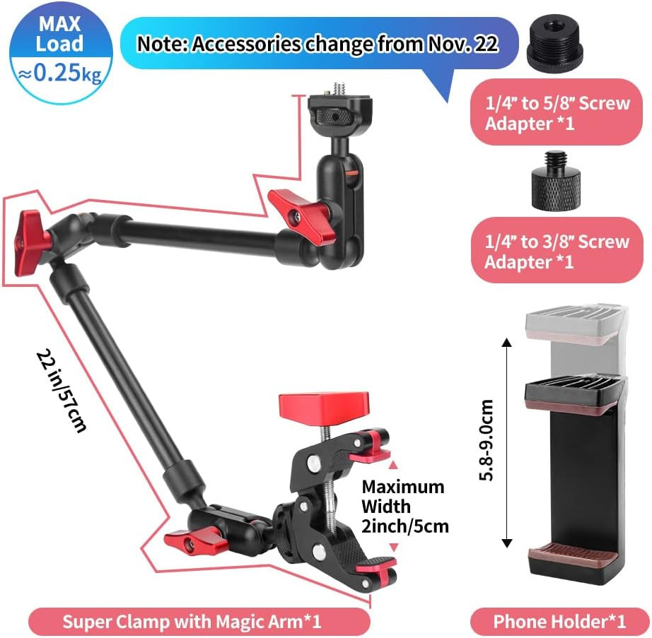 22" Magic Arm W Clamp Camera Mount, Adjustable Articulating Arm Friction Camera