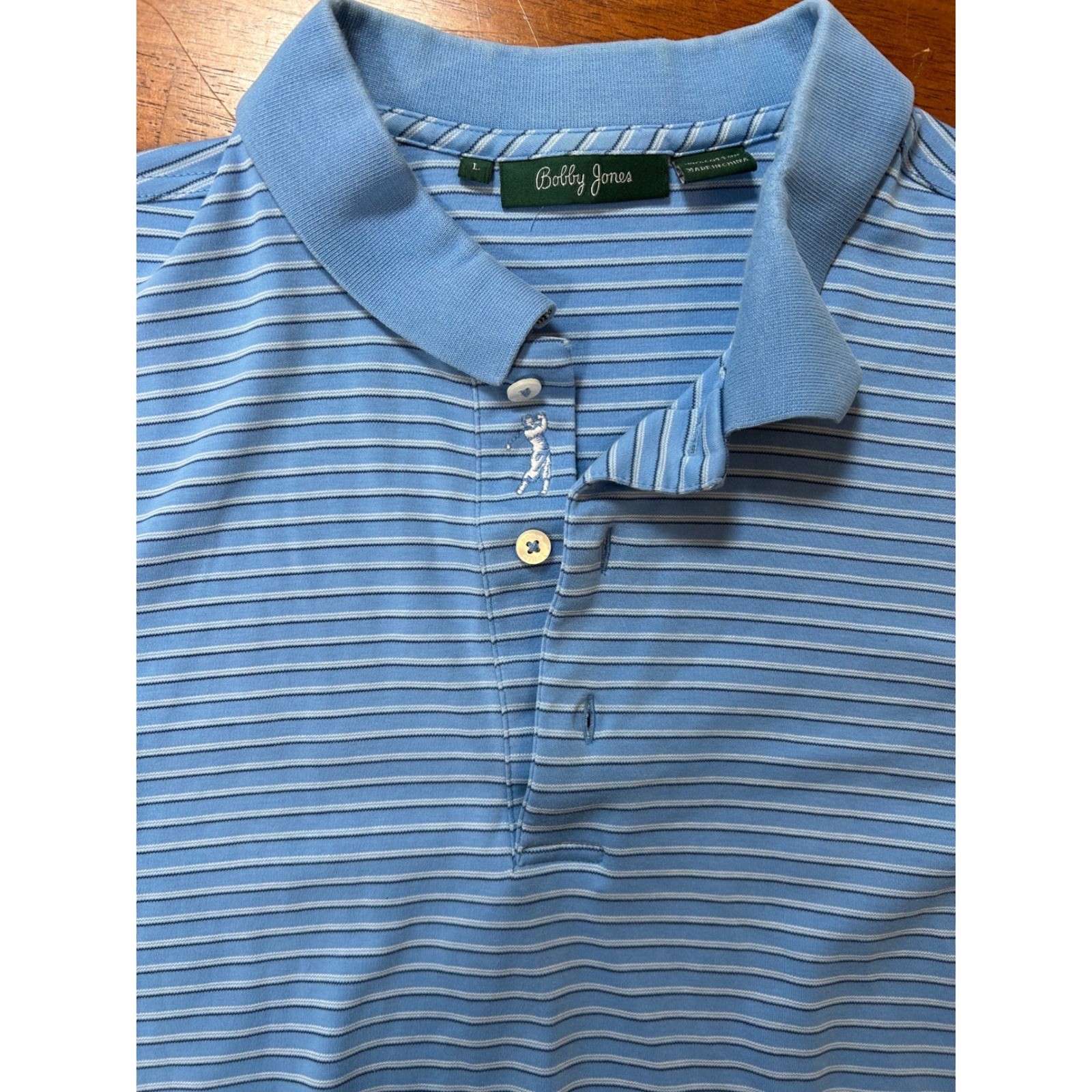 Bobby Jones Polo Shirt Mens Large Blue Striped Short Sleeve Golf Classic Logo