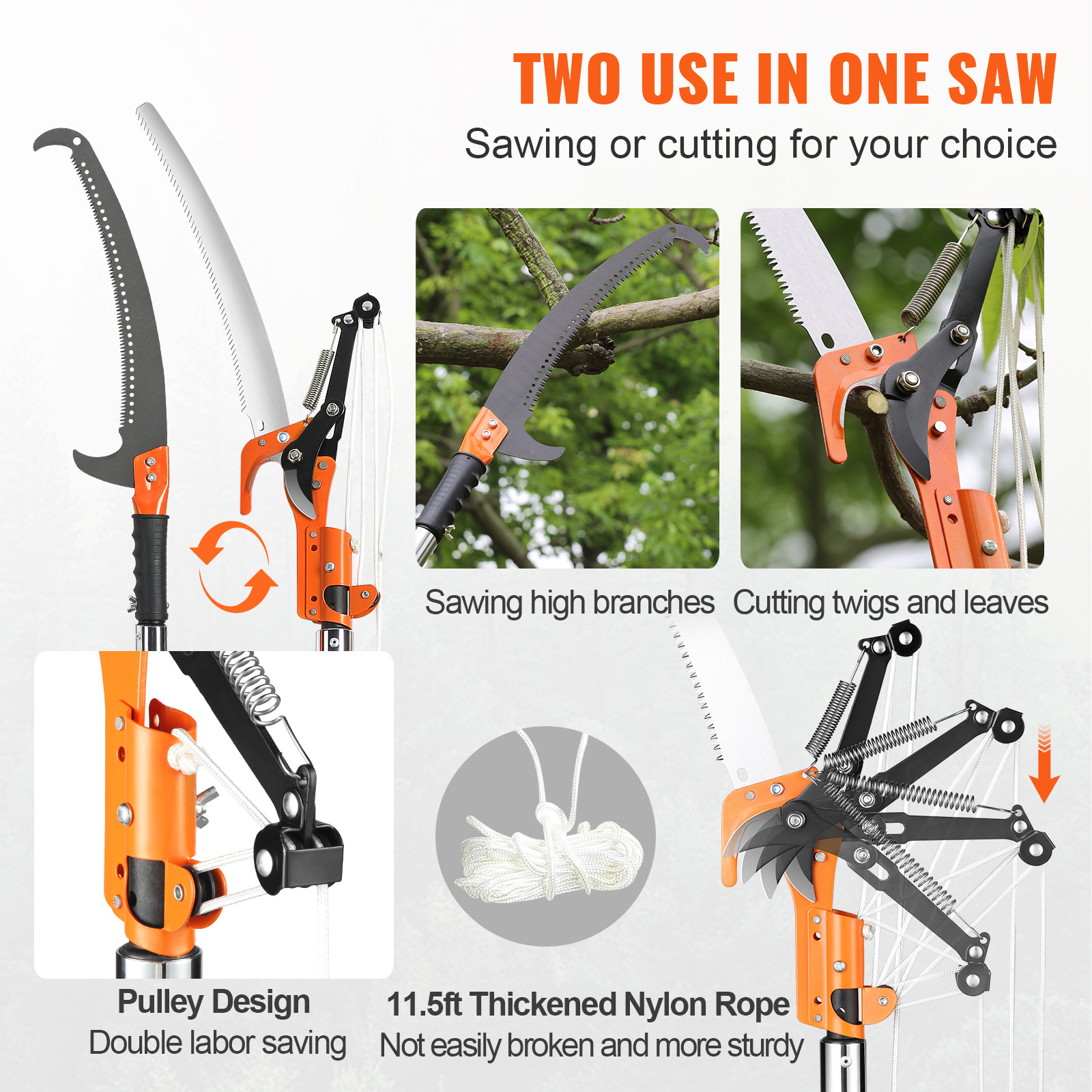 VEVOR Manual Pole Saw Extendable Tree Pruner 7.3-27 ft Fiberglass Pole Scissors