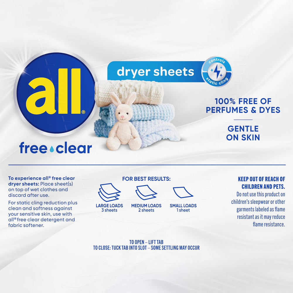 all Fabric Softener Dryer Sheets, Free Clear 250CT