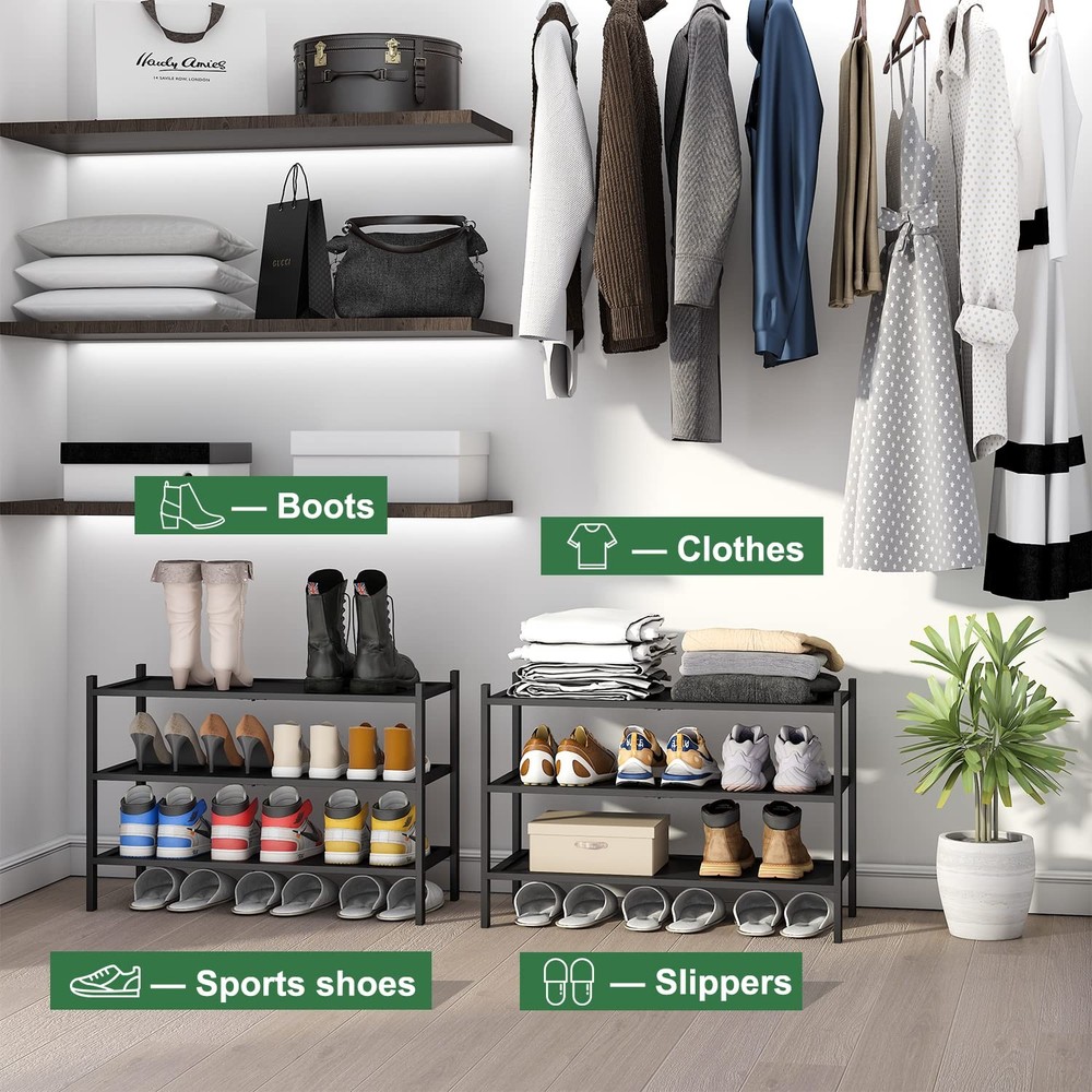 3-Tier Black Shoe Rack for Entryway, Stackable | Foldable | Natural, Shoe Org...
