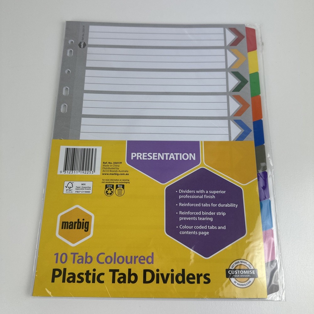 BULK 4 PACK Marbig A4 1-12 Tab Coloured Divider - 35019F