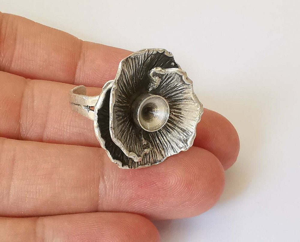Flower silver ring blank base bezel settings cabochon Mountings Adjustable brass