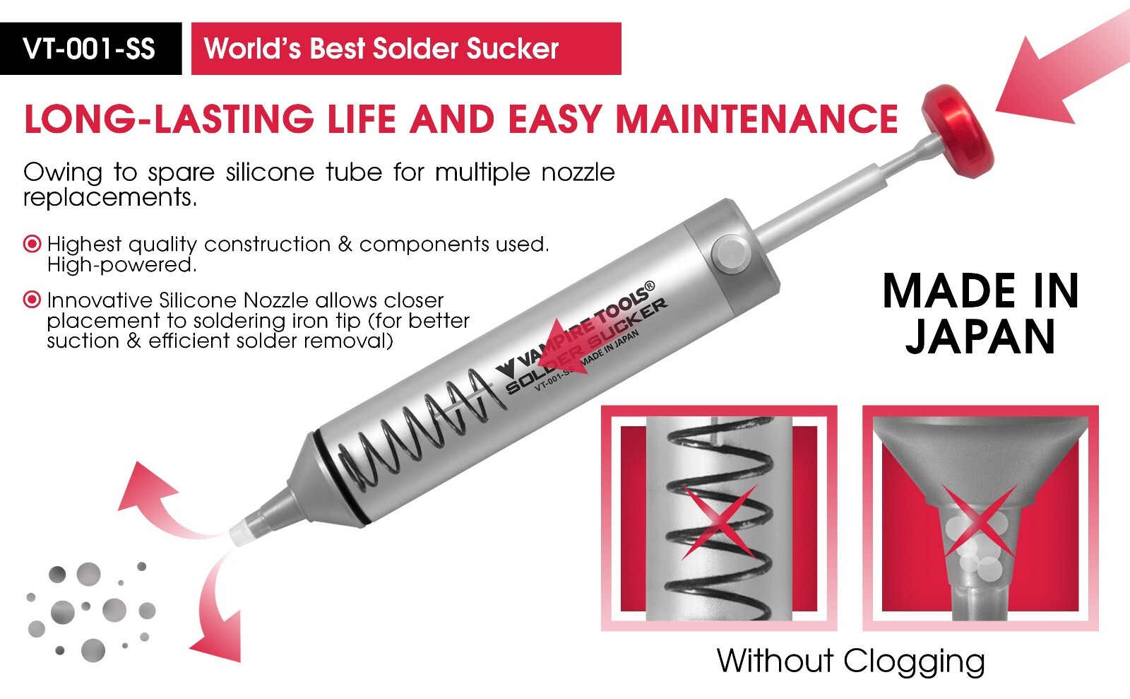 Vampire Tools Solder Sucker Compact and Durable Aluminum Body/Heat VT-001-SS