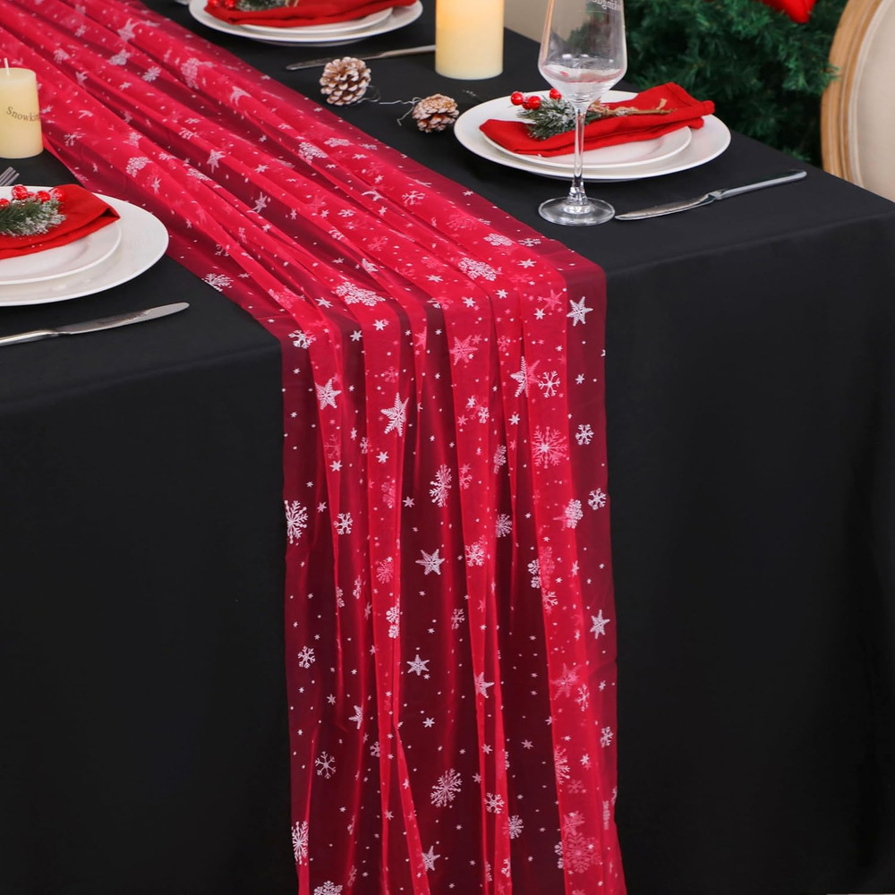 Red Christmas Table Runner, Red and White Snowflakes Cheesecloth Table Runner, C