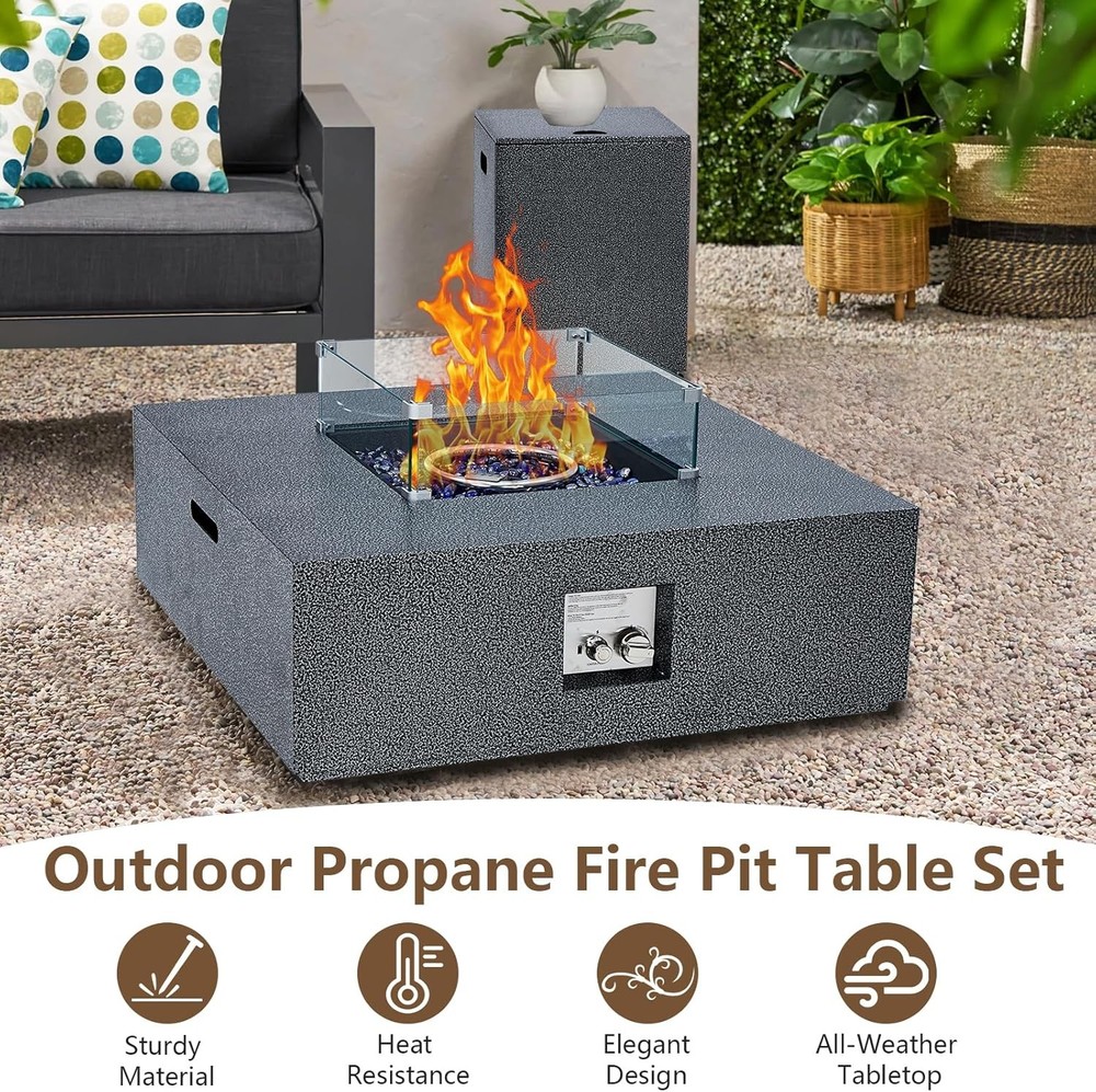 36" Propane Fire Pit Table Square Steel Firepit Coffee Table 50,000 BTU Silver