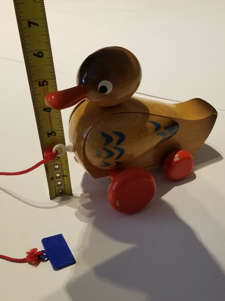 Vintage Wobbly Solid Wooden Animated Duck Pull Along String By Simba Rare!