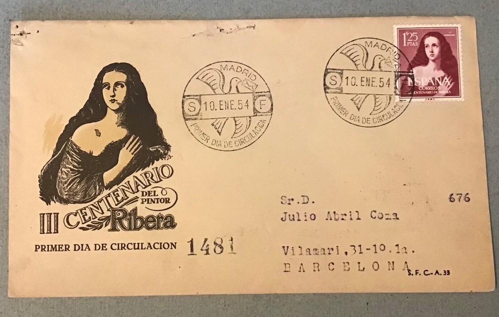 Spain cover Centenario Ribera dated 1954 number 1481