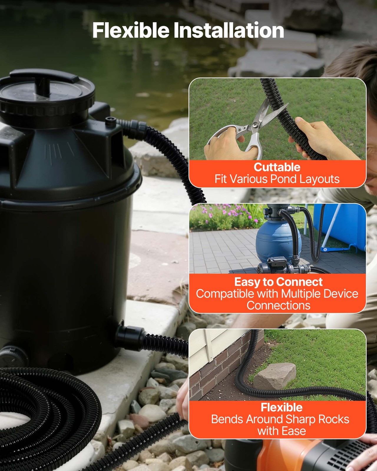 VEVOR 21 ft Corrugated Pond Tubing 1 in ID Flexible PVC Hose Drain Pipe 1 Pcs