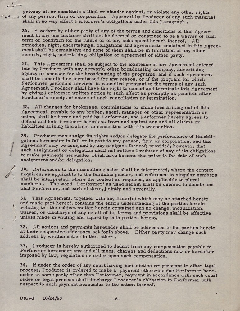 BUDDY HACKETT - CONTRACT DOUBLE SIGNED 12/13/1960