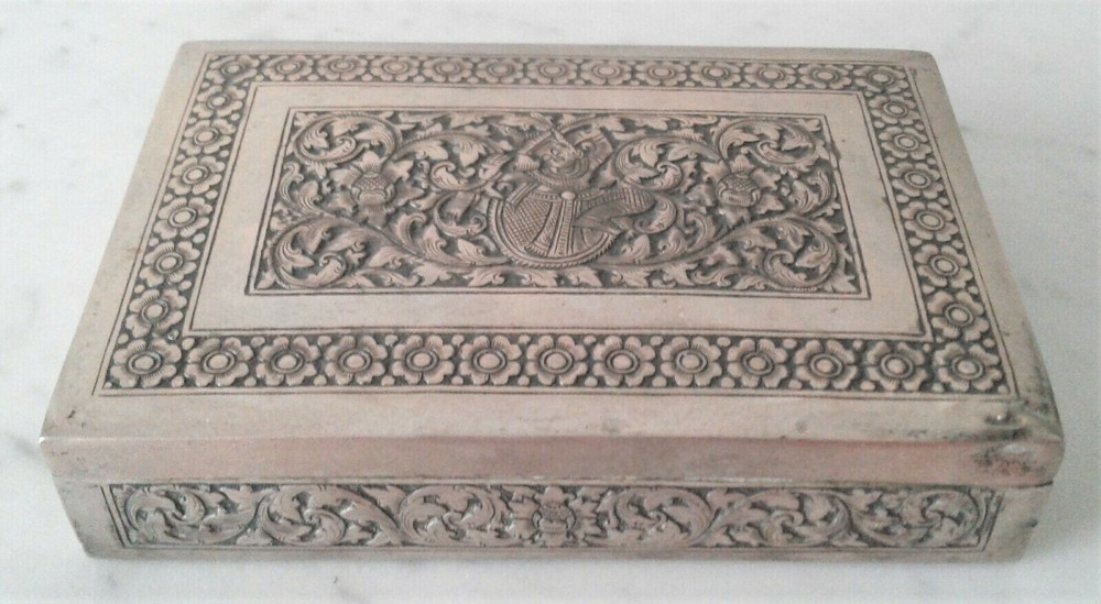 Antique Engraved Repousse Cambodian? Dancer Solid 900 Silver Box - Beautiful!