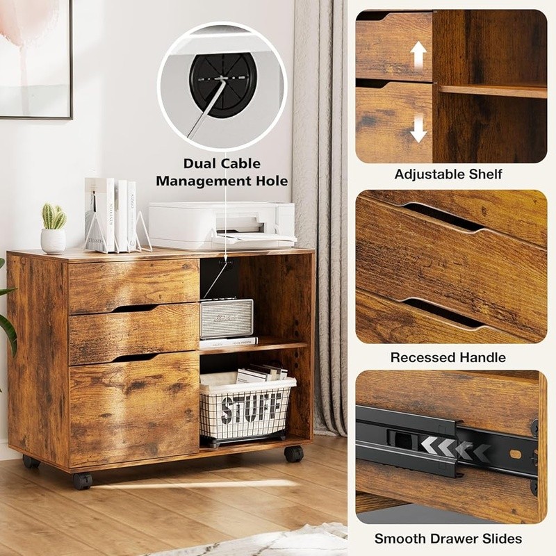 Versatile Office Cabinet W/ Open Shelves & 3 Drawers Rolling Storage Solution US
