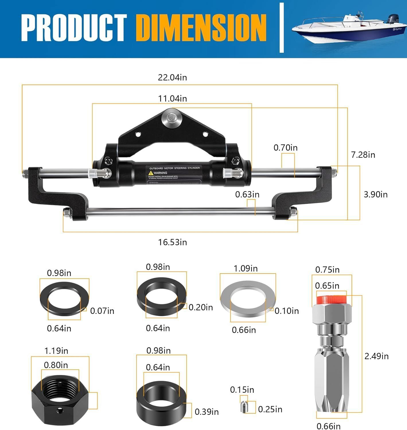 HC5345-3 For SeaStar Hydraulic Steering Cylinder Ram Marine Boat Outboard 300HP