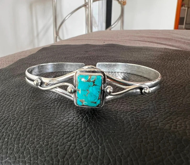 Nice Blue Copper Turquoise Gemstone 925 Sterling Silver Handmade Bracelet Cuff
