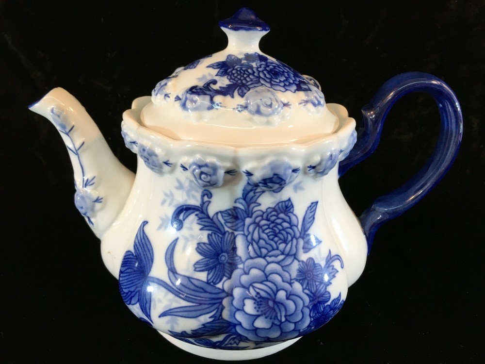 Embossed Blue Floral Ceramic Tea Pot