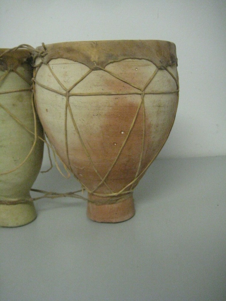 Vintage Terracotta Clay & Hide Double Bongo Drum Rustic Primitive Folk Art